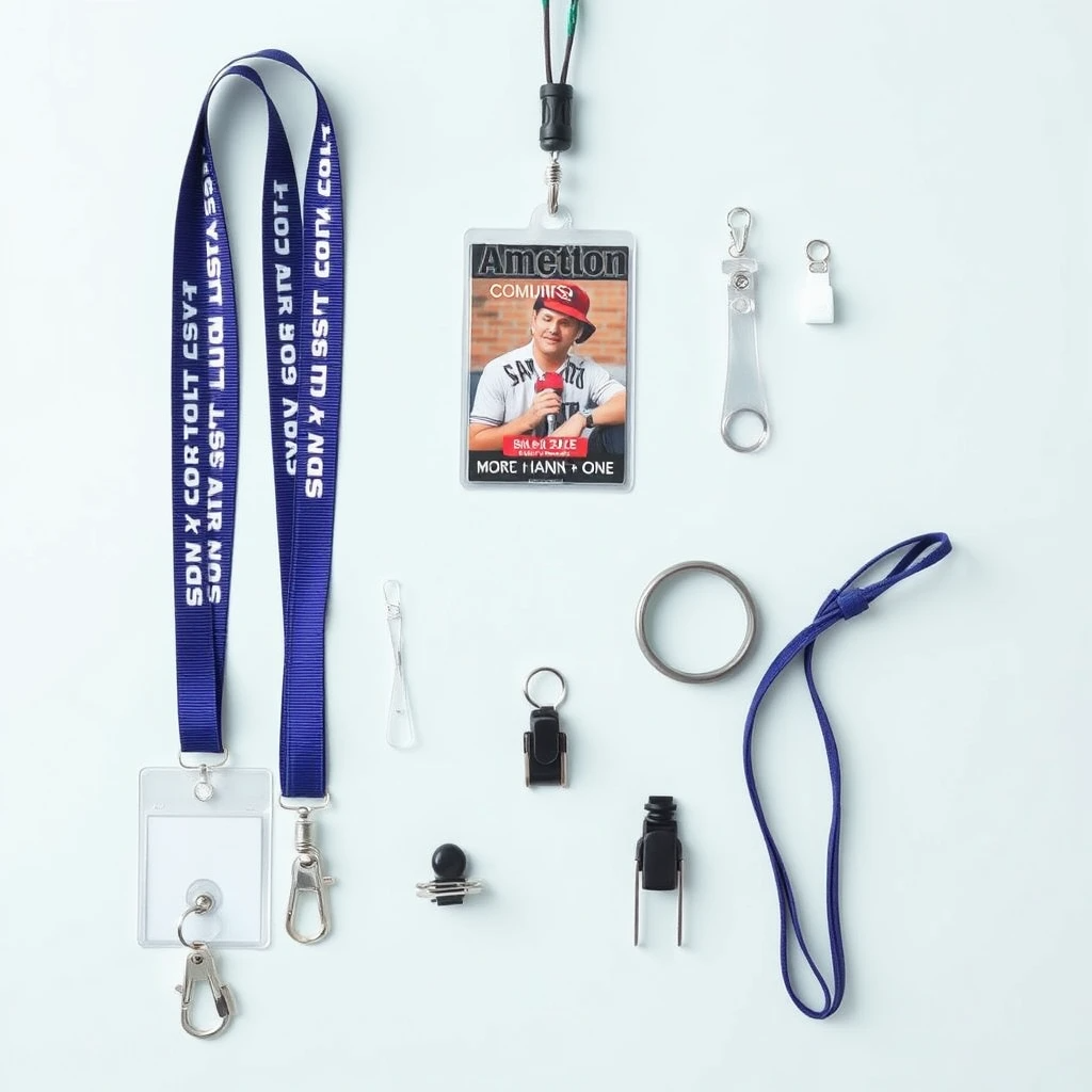 Various badge holders, lanyards, and clips