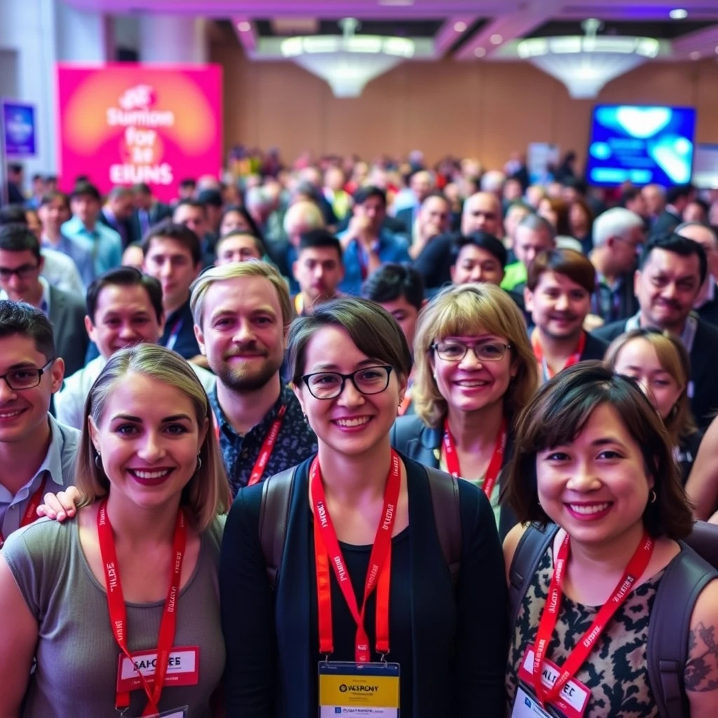 Group of conference attendees with colorful event badges